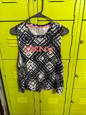 DKNY Black & White Geometric Logo Muscle Tee with Coral Accents
